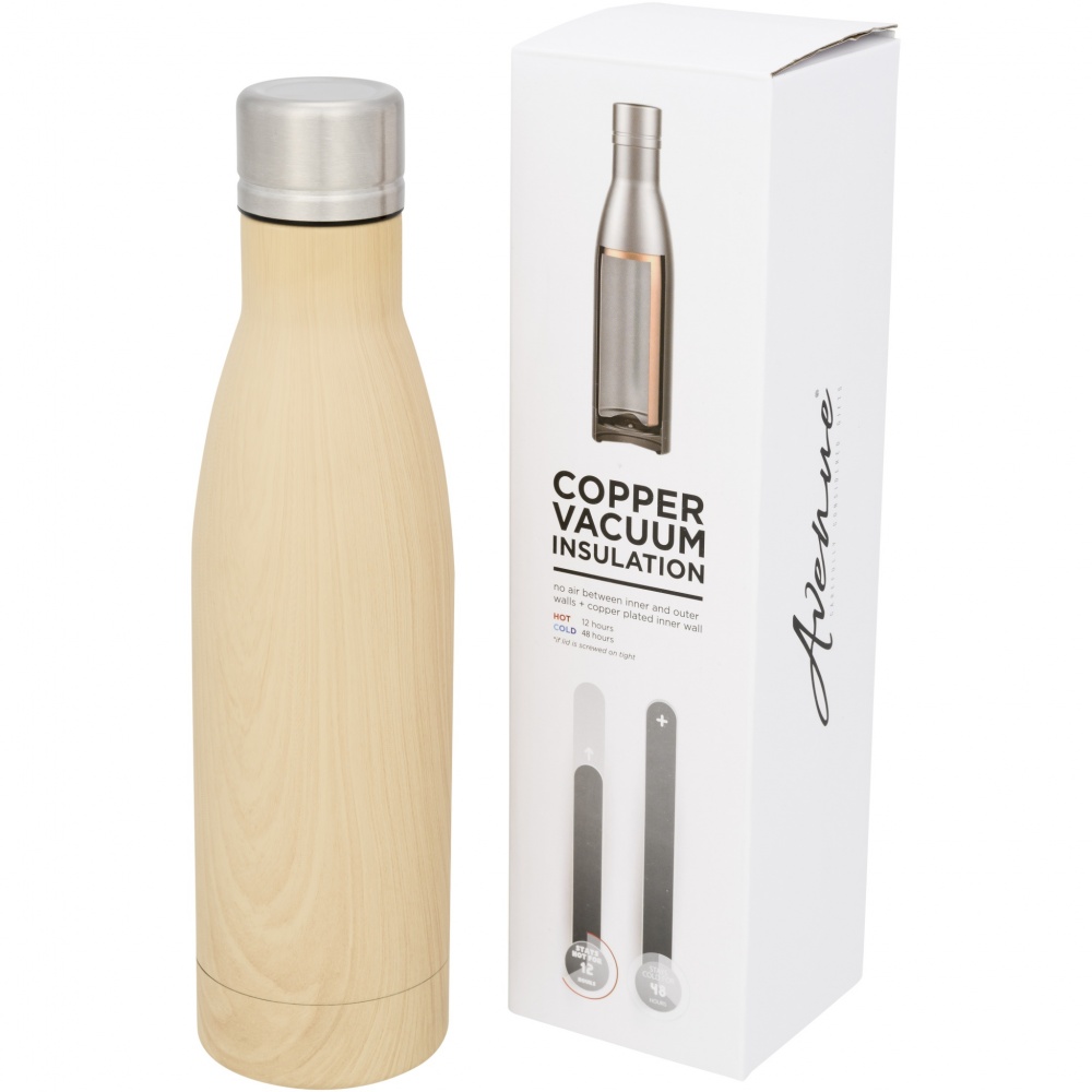 Logotrade Werbegeschenke das Foto: Vasa Kupfer-Vakuum Isolierflasche in Holzoptik, 500 ml