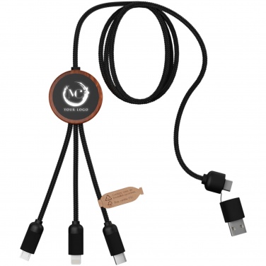 Logo trade advertising product photo of: SCX.design C37 5-in-1 rPET light-up logo charging cable with round wooden casing