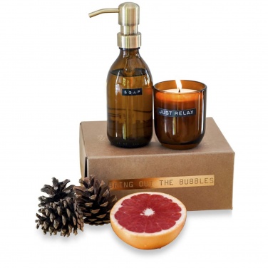 Logotrade promotional items photo of: Wellmark Discovery 200 ml hand soap dispenser and 150 g scented candle set - bamboo fragrance