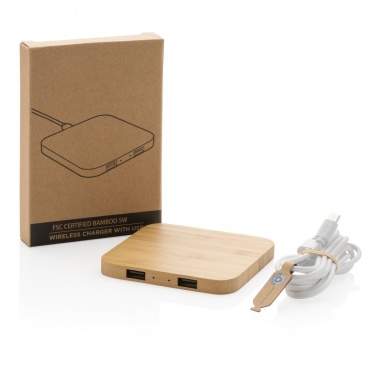 Logo trade promotional product photo of: Bamboo 5W wireless charger with USB
