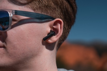 Logotrade advertising product picture of: Skywave RCS recycled plastic solar earbuds