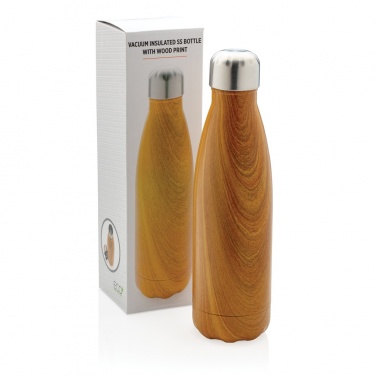 Logo trade business gifts image of: Vacuum insulated stainless steel bottle with wood print