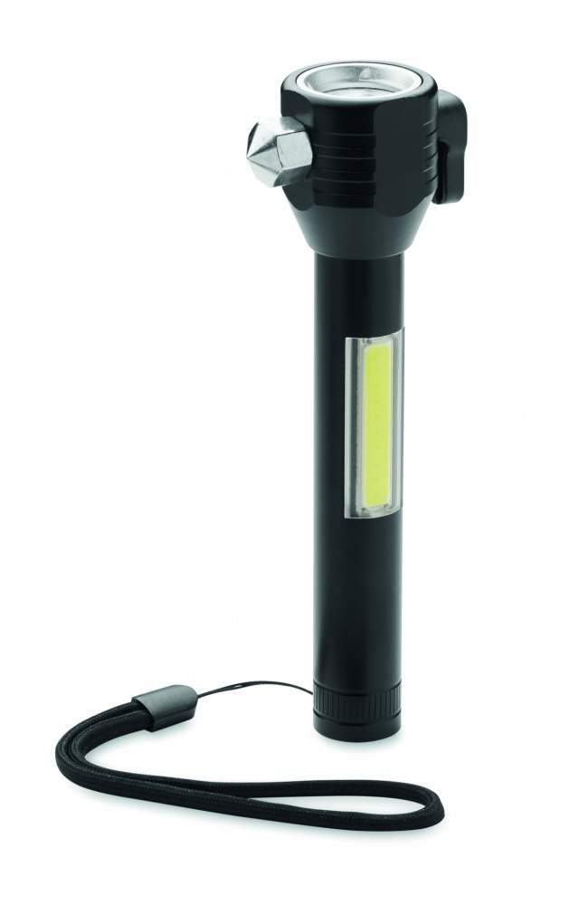 Logotrade advertising product image of: 3-in-1 aluminum flashlight with an emergency hammer and seatbelt cutter, customizable with printing