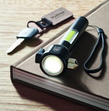Logo trade advertising products picture of: 3-in-1 aluminum flashlight with an emergency hammer and seatbelt cutter, customizable with printing