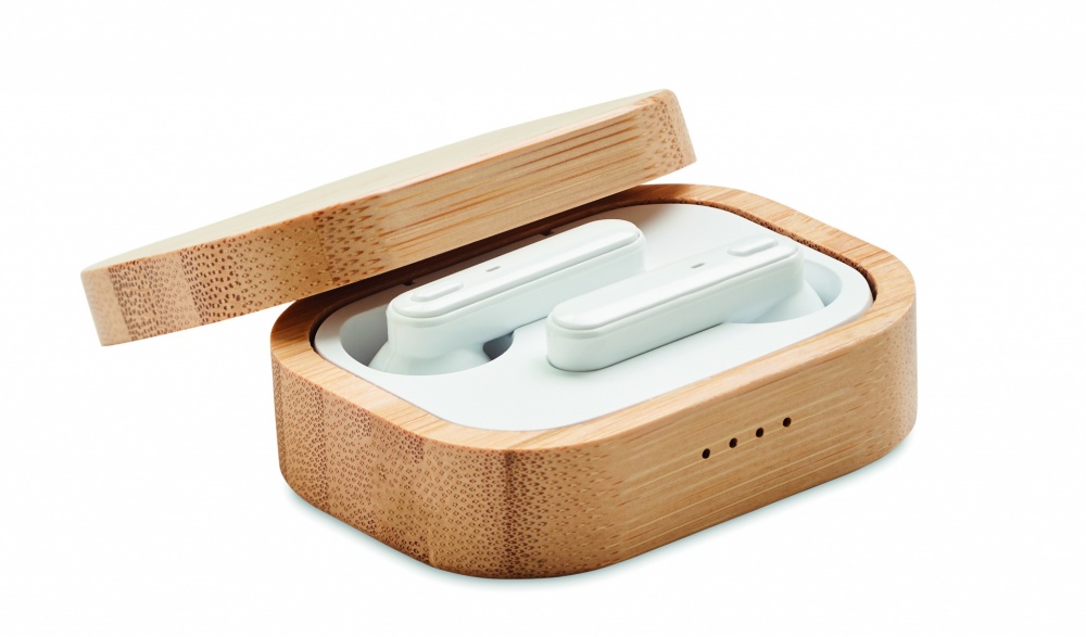 Logo trade corporate gifts image of: TWS earbuds in bamboo case