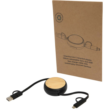 Logotrade promotional item picture of: Chechia 5-in-1 recycled plastic 100 cm retractable data sync and 45W fast charge cable
