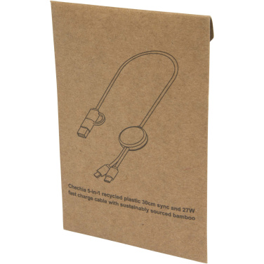 Logo trade promotional gifts picture of: Chechia 5-in-1 recycled plastic 30 cm data sync and 27W fast charge cable with bamboo details