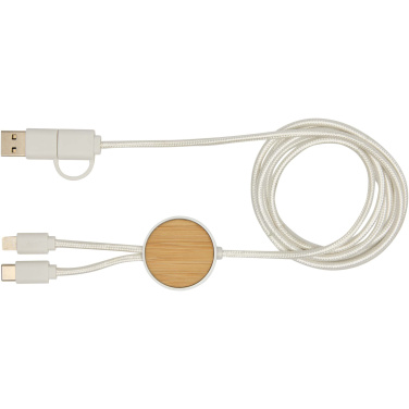 Logo trade advertising products image of: Chechia 5-in-1 recycled plastic 150 cm data sync and 27W fast charge cable with bamboo details