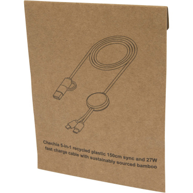 Logotrade advertising product picture of: Chechia 5-in-1 recycled plastic 150 cm data sync and 27W fast charge cable with bamboo details