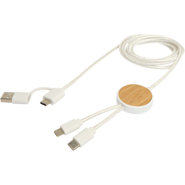 Logotrade promotional gift image of: Chechia 5-in-1 recycled plastic 150 cm data sync and 27W fast charge cable with bamboo details
