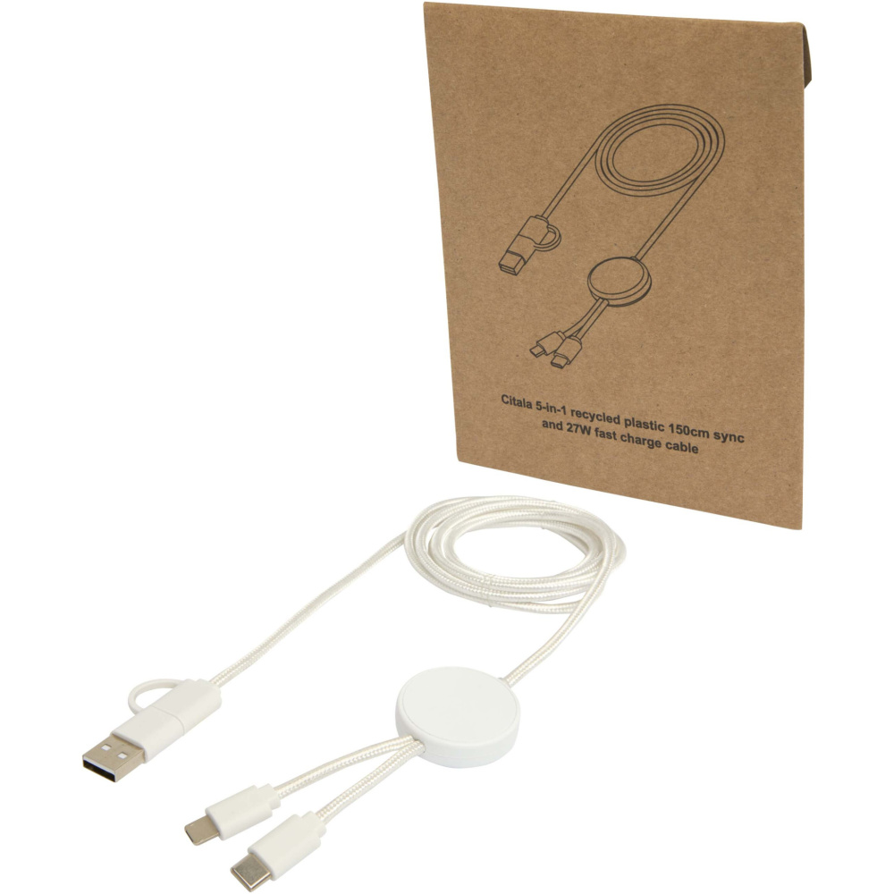 Logotrade corporate gift image of: Citala 5-in-1 recycled plastic 150 cm data sync and 27W fast charge cable