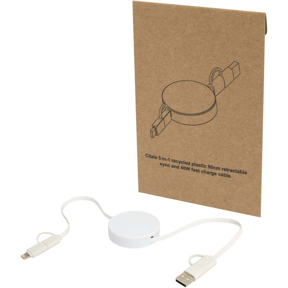 Logo trade promotional giveaways image of: Citala 5-in-1 recycled plastic 90 cm retractable data sync and 40W fast charge cable