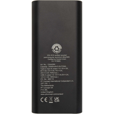 Logo trade promotional products image of: Acamar 20.000 mAh 70W recycled aluminium laptop power bank