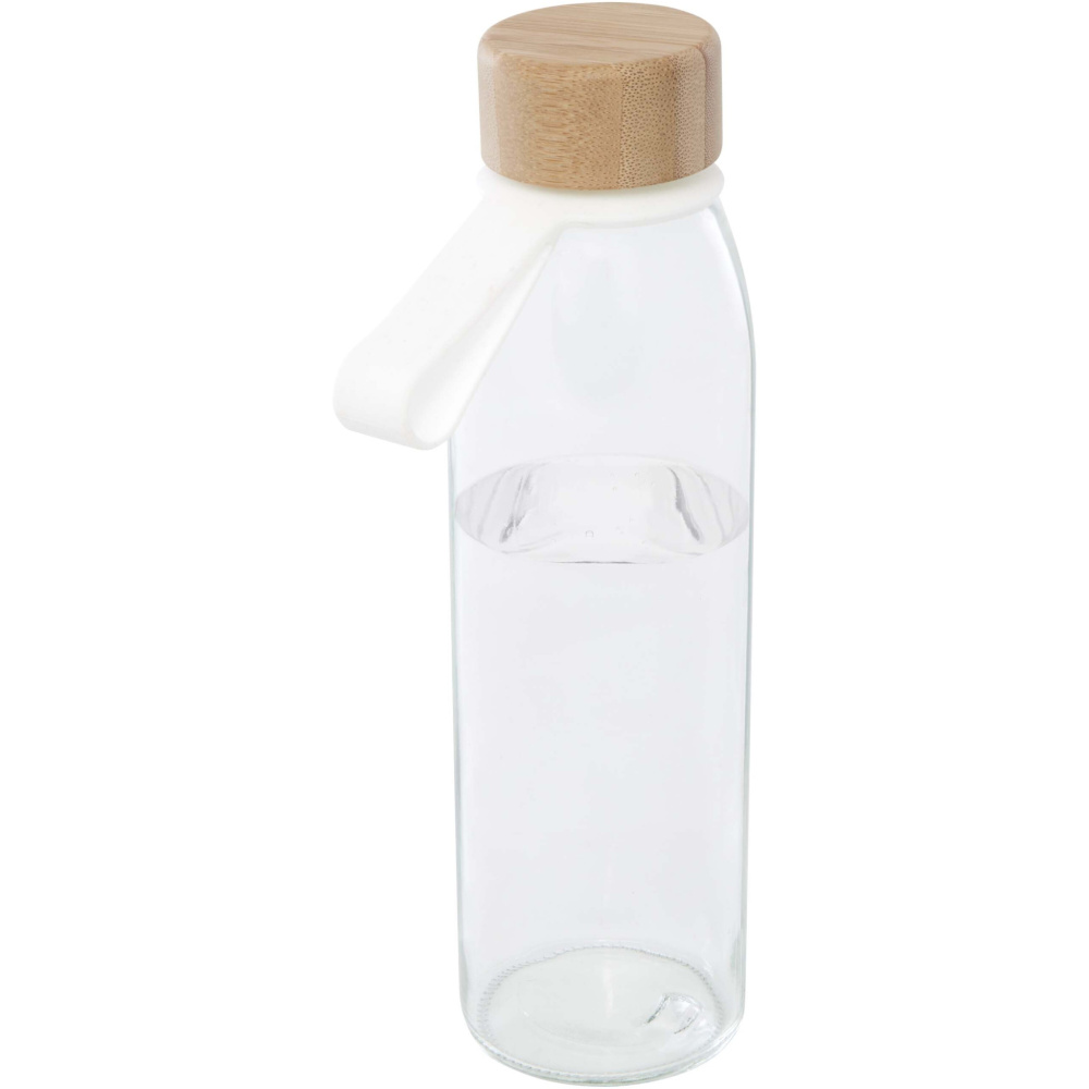 Logotrade profilprodukter bild: Porto 500 ml vattenflaska av glas med silikonhandtag och bambulock