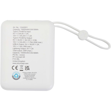 Logotrade reklamprodukter bild: Acrux 10 000 mAh 35 W powerbank för surfplattor med inbyggd Type-C-kabel – tillverkad av återvunnen plast